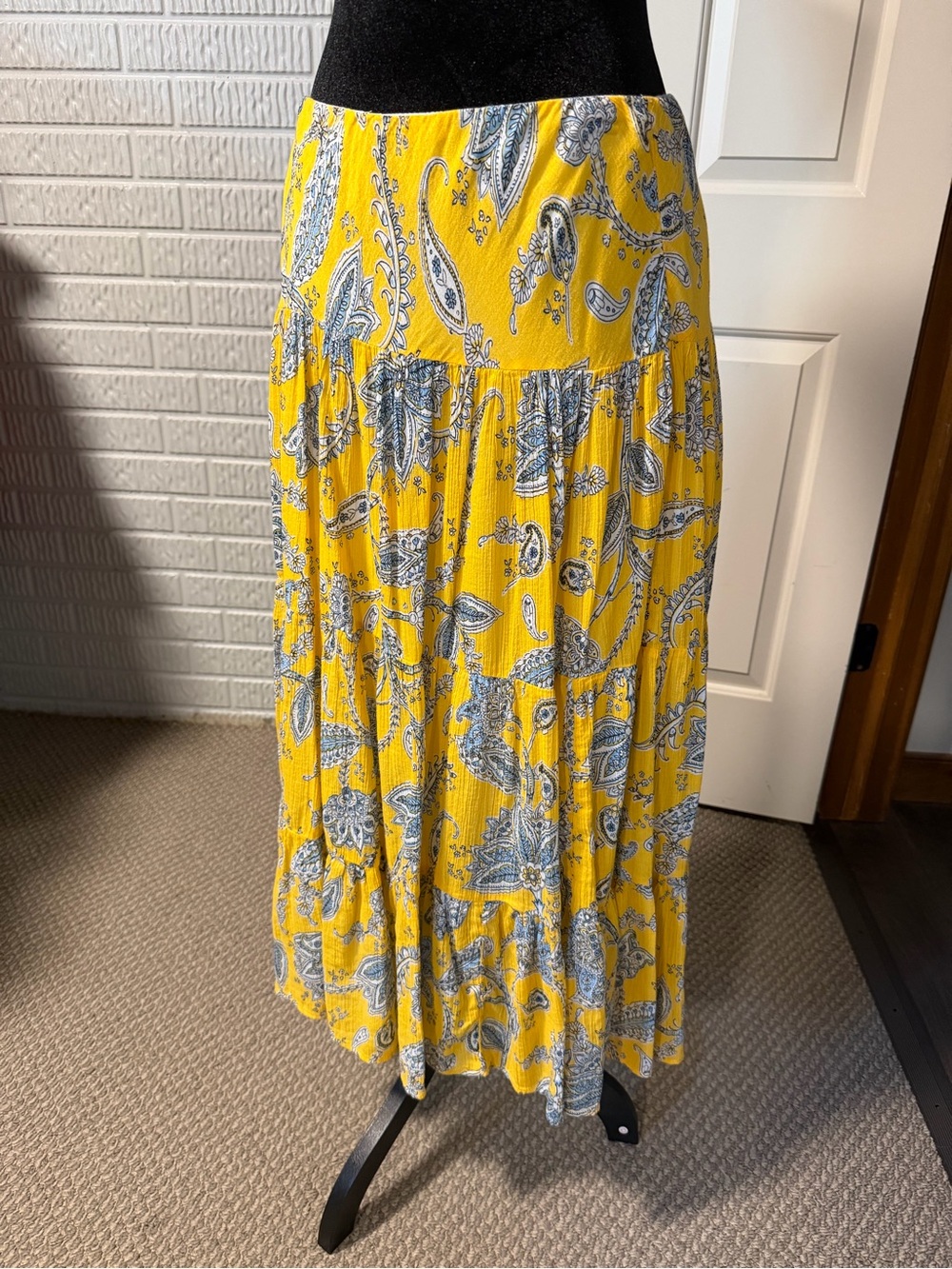 Chaps Yellow Paisley Boho Midi Skirt Tiered Flowy Cottagecore Festival Med